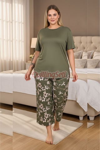 Lady Haki Yeşil Renk, Çiçek Desenli 10740 Pamuklu Büyük Beden Kapri Anne Pijama Takımı