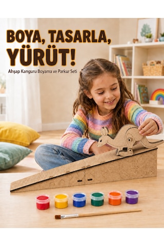 Çocuk Ahşap Hareketli Kanguru Boyama Seti 6 Renk Boya, Fırça Ve Kolay Montaj Parkuru