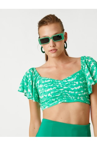 Koton Crop Bluz Büzgü Detaylı Yeşil Desenli 2sak60234pw 2SAK60234PW02F Yeşil