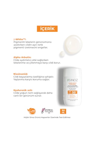 Sinoz Koyu Cilt Lekelerine Etkili Sıvı Yüz Güneş Kremi Hibrit Formül PA++++ SPF50+ 50 ML