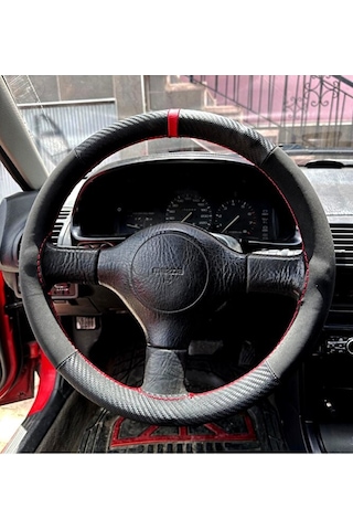 Dikişli Direksiyon Kılıfı Karbon Nubuk Deri Kırmızı Yüzük / Dikişli Mazda 323 İçin Renkli