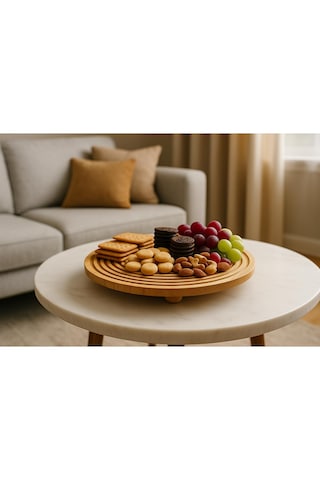Bambu Dekoratif Top Ayaklı Yuvarlak Sunum Tabağı, Servis Tabağı, 28 X 28 Cm 1 Adet