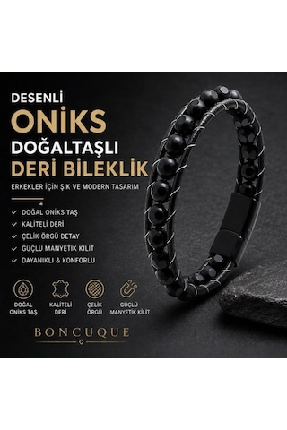 Oniks Taşlı Erkek Deri Bileklik Çelik Halat Örgü, Premium Siyah Bileklik