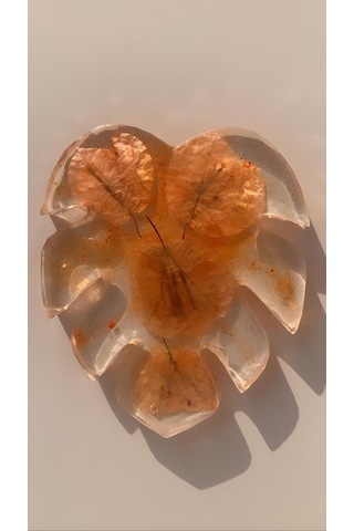 Turuncu Renk Begonvil Süslü Yaprak Desen Epoksi Bardak Altlığı Şeffaf