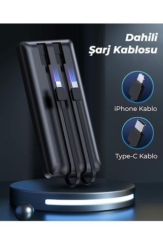 Woyax Dahili Type-C ve Lightning Kablolu 10000mAh Powerbank 22.5W Hızlı Led Ekranlı Taşınabilir Şarj Cihazı