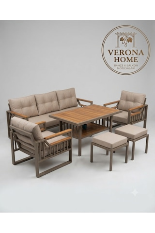 Verona Home Düğmeli Larissa Bahçe Mobilyası Takımı - 3+1+1+2 Puf - Cappuccino/açık Kahve