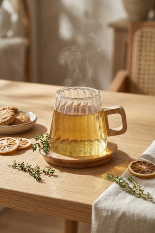Makri Home Bambu Altlıklı Çizgili Desenli Şeffaf Cam Kupa 300 Ml Çok Renkli