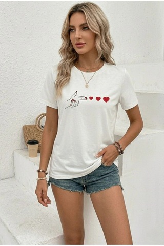 Wear Vexel Kadın Minimal Kalp İşaret Baskılı Tişört Kısa Kol Yazlık T-shirt - Beyaz Beyaz