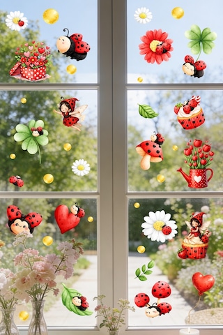 Uğur Böceği Çift Taraflı Cam Sticker Seti 44 Parça Sevimli Papatya, Kalp Ve Peri Figür Cam Sticker Dijital Baskı