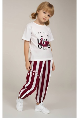 Kız Çocuk Scooter Üzeri Aplike Detaylı Tshirt Ve Çizgili Jogger Alt Üst Takım Bordo Beyaz Beyaz - Bordo