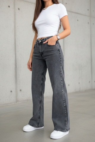 Woddi Nova Kadın Yüksek Bel Füme Salaş Jeans Wide Leg Geniş Paça Palazzo Kot Pantolon