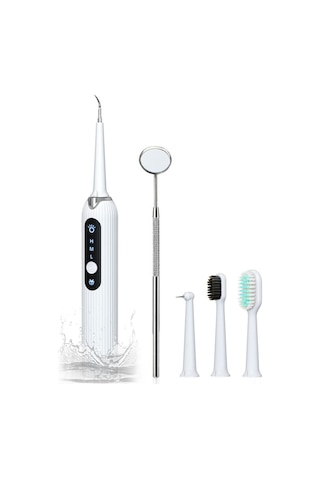 Skycity Usb Şarjlı Ultrasonik Diş Temizleyici - 4 Değiştirilebilir Uç Fırça, Tırnak, Zımbırtı, Dildeği + Ağız Aynası - Ipx6 Su Geçirmez Beyaz