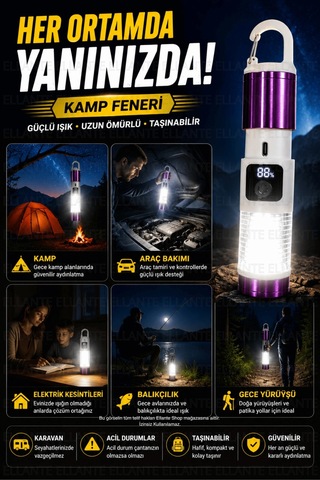 Şarjlı Kamp Feneri Usb Type-c 500 Lümen Dijital Pil Göstergeli Led El Feneri Zoomlu Kamp Ve Acil Dur Çok Renkli