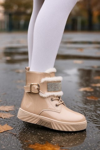 Günlük Kız Çocuk Rugan Bot Fermuarlı Lastik Bağcıklı Kürk Ve Taş Detaylı Kaymaz Taban Bootie 391 Bej-rugan