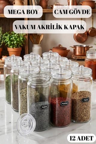 12 Adet Vakum Kapaklı Büyük Boy Cam Baharatlık Seti 500 Ml Çok Renkli