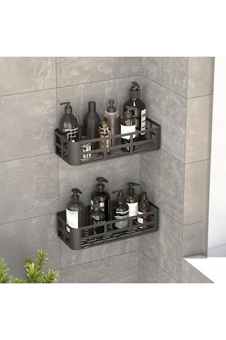 Deconox 2'li Set Siyah Yapışkanlı Banyo Duş Rafı - 27x12 Cm Matkapsız Montaj Şampuanlık Ve Mutfak Baharatlık Or Çok Renkli
