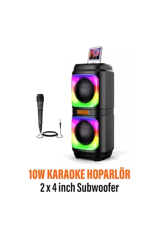 Diğer - Siyah - Bluetooth Hoparlör 10w Speaker Tws Kablolu Karaoke Mikrofon 2x4inç Rgb Işıklı 1500mah Batarya Bls-48