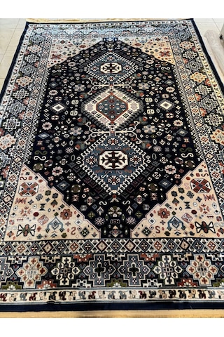 Asaryün Halı Ipek H4320al Lacivert İpeksi Geleneksel Renkli Göbekli Klasik Desen Salon Halısı Modern Renkli