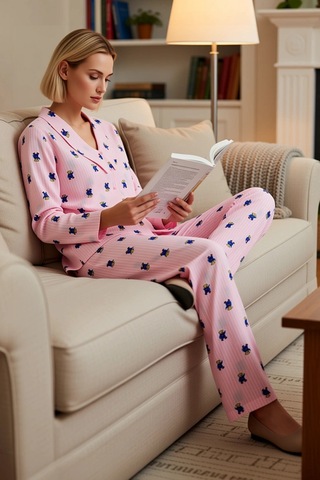 Benerly Kadın Gömlek Yaka Uzun Kol Regular Kalıp Dokuma Pijama Takımı Fon Pembe