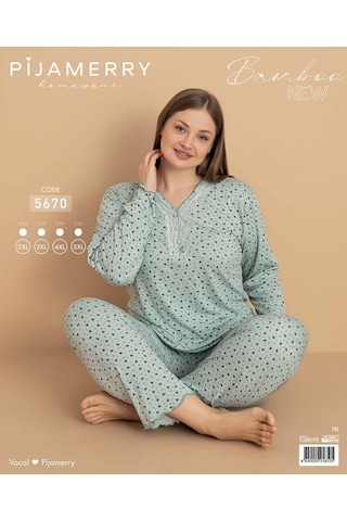 Pijamerry Kadın Büyük Beden Dantel Yaka Bambu Uzun Kol İnce Pijama Takımı 5670 - 1 Adet Yeşil