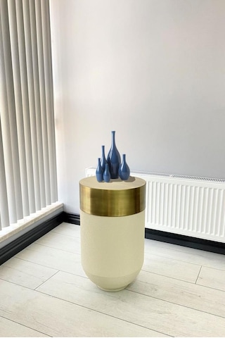 Dekoratif Eskitme Darbuka Beyaz Sehpa 70cm