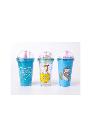 Unicorn Temalı Pipetli Bardak 450 Ml Mavi Renkli Çocuk Matara Şeffaf Kapaklı Bpa İçermez 3 Farklı Model Çok Renkli
