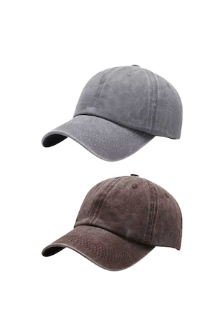 Tezzgelsin Unisex Eskitme Vintage Pamuklu Ayarlanabilir Beyzbol Kep Şapka 2'li Set Gri - Kahverengi