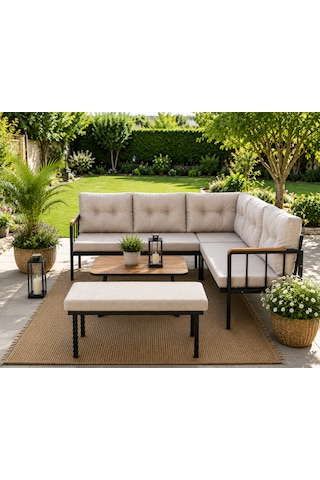 Riva Metal Bahçe Balkon Köşe Takımı Siyah Boyalı İskelet Keten Kumaş Süngerli 180x120 Cm Cappuccino Riva Metal Bahçe Balkon Köşe Takımı Siyah Boyalı İskelet Keten Kumaş Süngerli 180x120 Cm Cappuccino