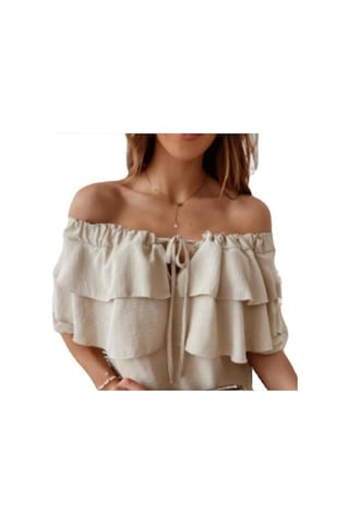 Yaz Kadın T-shirt Tek Boyun Şifon Gömlek Kadın Elastik Omuz Kravat Fırfır Üstleri Rahat Gevşek Orta Kollu Haki