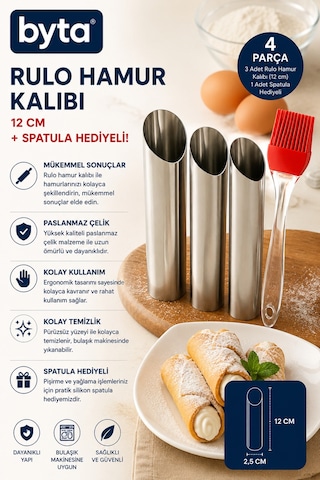 4 Parça Paslanmaz Çelik Rulo Hamur Kalıbı Seti 12 Cm 3'lü Külah Tatlı Kalıbı + Silikon Spatula Hediyeli Diğer