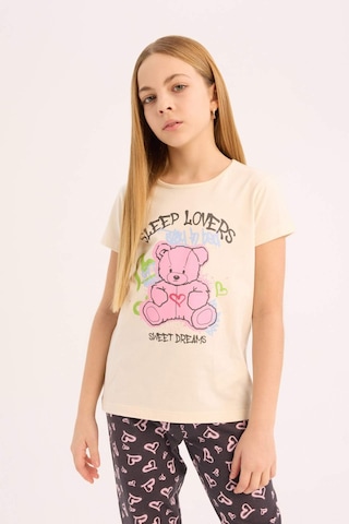 DeFacto Kız Çocuk Pijama Takımı Bisiklet Yaka Baskılı Kısa Kollu Üst Beli Lastikli Desenli Alt E0538A825SMER233 Ekru