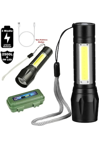 Derwell Usb Şarj Edilebilir Led Lamba El Feneri Küçük Taşınabilir Siyah