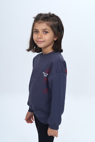 Kız Çocuk Relax Fit Bisiklet Yaka Düşük Omuz Baskılı Sweatshirt Füme Melanj