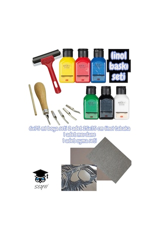 Linol Baskı Seti 6x75 Ml Boya Seti 2 Adet 25x35 Cm Linol Tabaka 1 Adet Merdane 1 Adet Oyma Seti