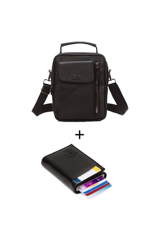 Newish Polo Erkek Mekanizmalı Cüzdan Ve Deri Kapaklı Omuz El Çantası 17x22cm - New337 Siyah