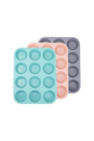 Ximistore9 3 Adet Silikon Muffin Kalıbı 12'li, Kaymaz, Normal Boyut - Muffin, Tart, Ekmek Yapımı İçin Mavi - Pembe - Gri
