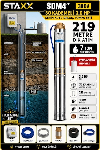 Staxx Sdm4380 Derin Kuyu Dalgıç Pompa Dalgıç Seti Trifaze 380v Tak Çalıştır 219 Mt Dik Basar