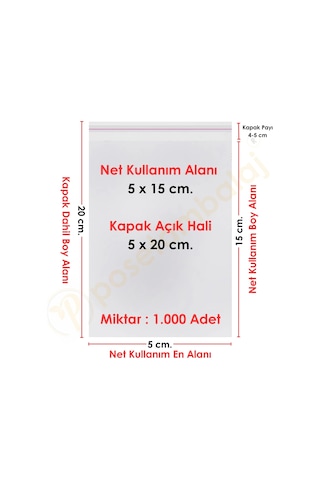 5x15+5 Cm. 5x20 1.000 Adet Şeffaf Bantlı Yapışkanlı Opp Poşet