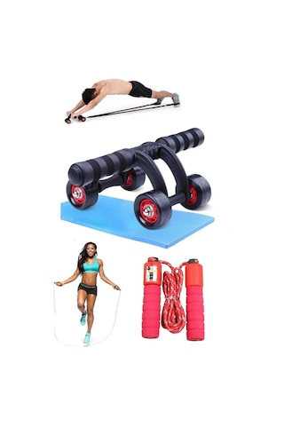 2'li Set Tekerlekli Karın Göğüs Kol Omuz Kası Egzersiz Spor Güç Aleti Sayaçlı Atlama İpi
