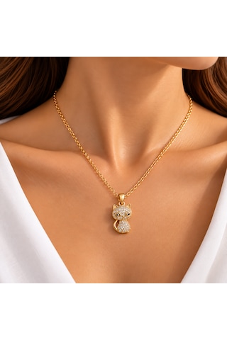 Gold & Gümüş Taşlı Kedi Figürlü Kolye Altın