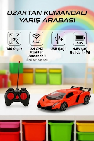 Uzaktan Kumandalı 4 Fonksiyonlu Işıklı 1:16 Ölçekli Usb Şarjlı 2.4ghz 10-15km/h Oyuncak Spor Araba Turuncu