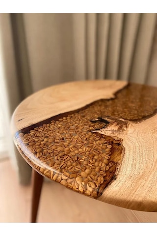 Fawdecor Yuvarlak Epoksi Kahve Desenli Masif Ahşap Reçine Sehpa