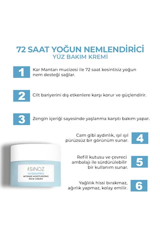Sinoz Hydrapro Su Bazlı 72 Saat Yoğun Nemlendirici Yüz Bakım Kremi 50 ML