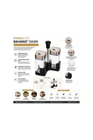 Lexroo 2 Li Standlı Cam Baharatlık Seti Paslanmaz Çelik Kapaklı Şık Baharatlık Şeffaf Cam