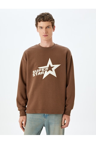 Koton Bisiklet Yaka Oversize Pamuk Karışımlı Slogan Baskılı Sweatshirt Kahverengi 5wam70229mk Kahverengi