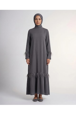 Nevayla Moda Tüy Detaylı Zarif Elbise / Gri - E0133