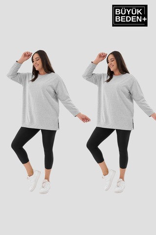 Süperlife Kadın Büyük Beden 2'li Set İnce Sweatshırt Tunik Spr26btk990+2 Grey Mel-grey Mel