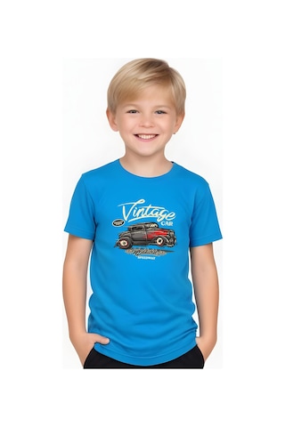 Fyk Kids Erkek Çocuk Yuvarlak Yaka İntage Car Baskılı T-shirt Mavi