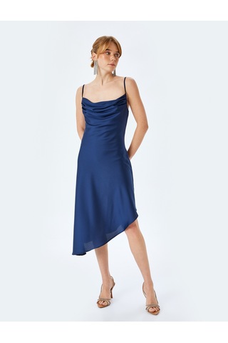 Koton İp Askılı Degaje Yaka Asimetrik Midi Slip Saten Elbise Lacivert 5sak80008fw Lacivert
