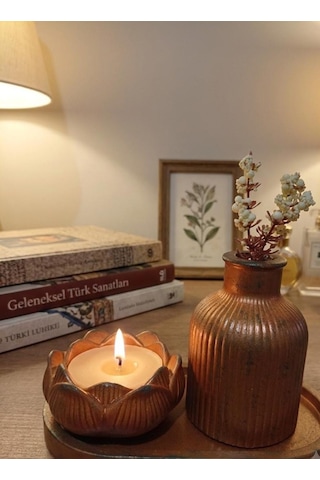 Efruz Antik Bakır Görünümlü 3'lü Dekoratif Set - Lotus Tealight Mumluk, Çizgili Mini Vazo Ve Sunum Tablası